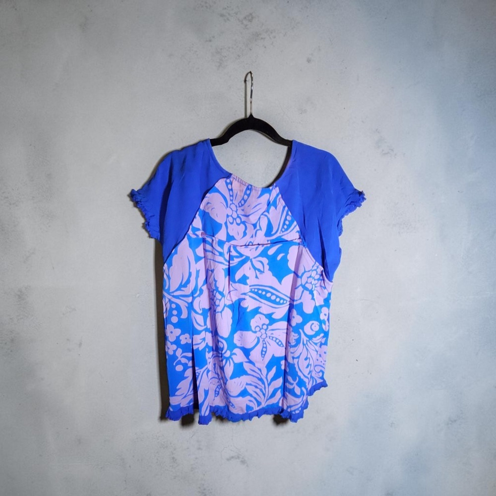 UMGEE Pink and Cobalt Floral Print Back Ruffle Trim Short Sleeve Blouse Large - Picture 2 of 2